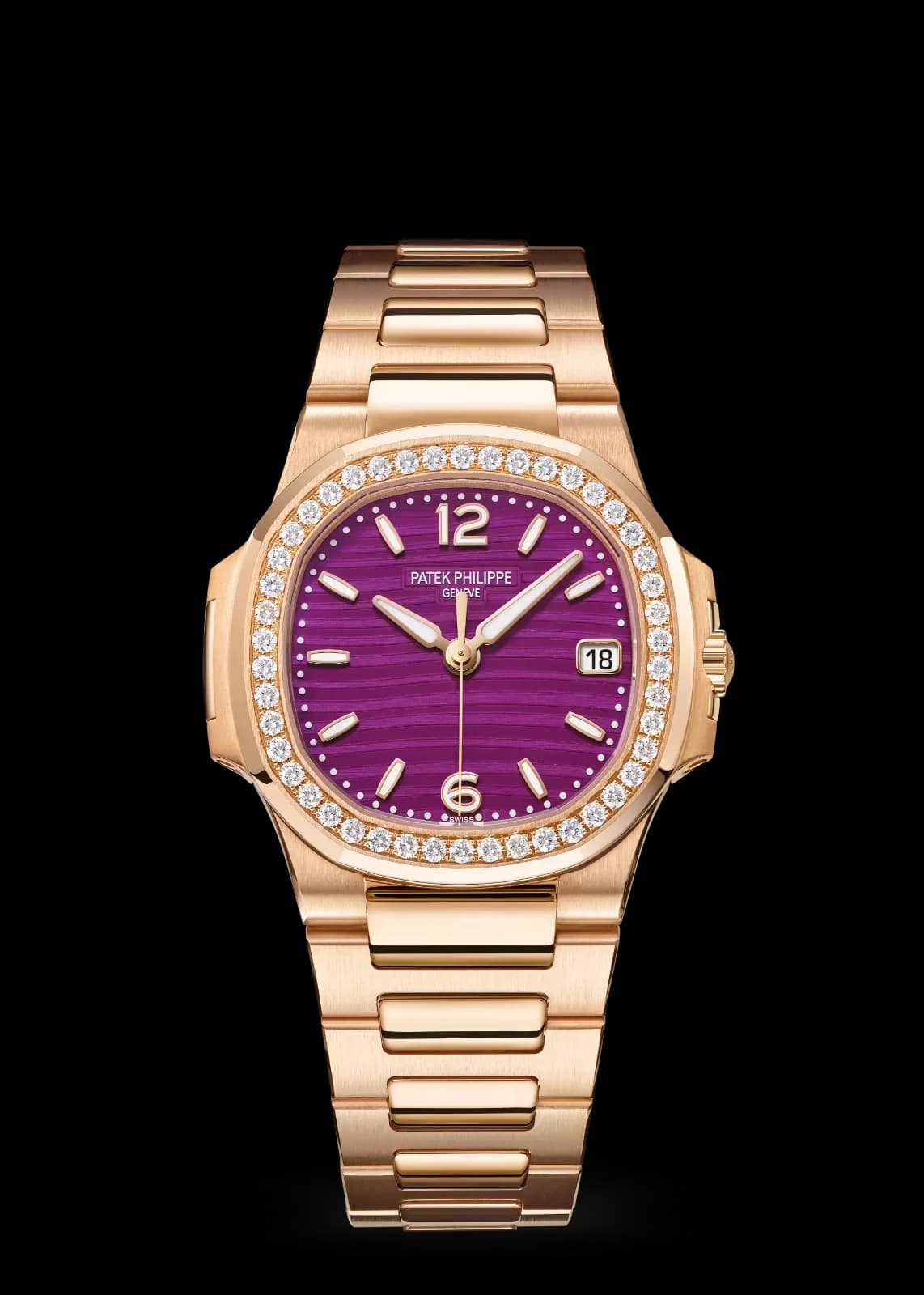Patek Philippe Nautilus, 32 mm, date, central seconds, full rose gold, purple dial
