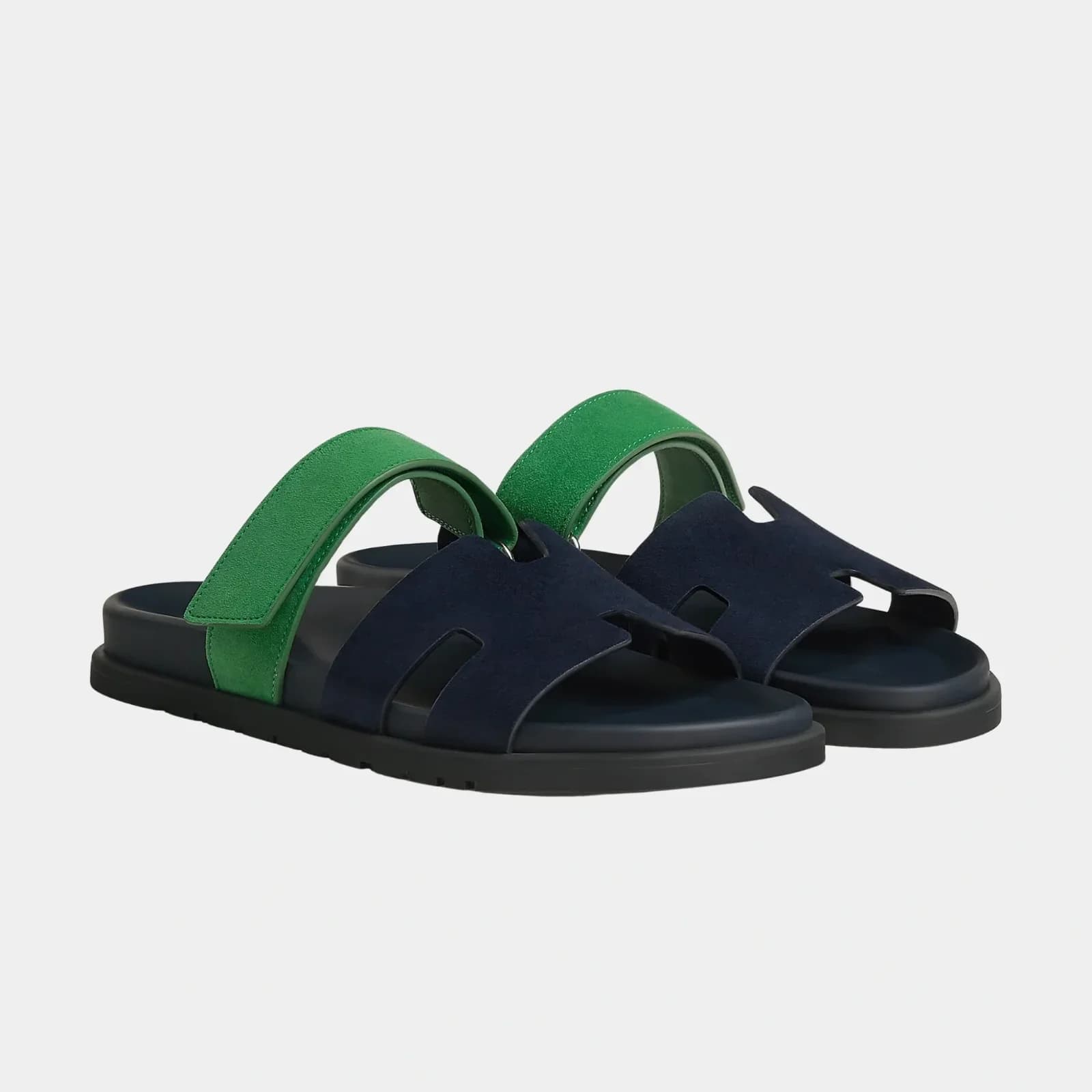 Hermès Chypre sandals, green suede with blue