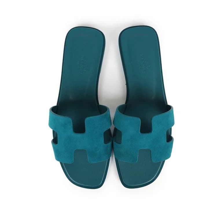 Hermès Oran sandals, blue-green, suede